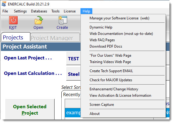 Program documentation option in the main menu